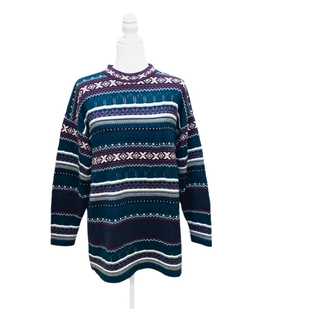 Vintage Sweater Teal Purple Stripes Mock Neck Apres Ski 80s Retro Size Medium